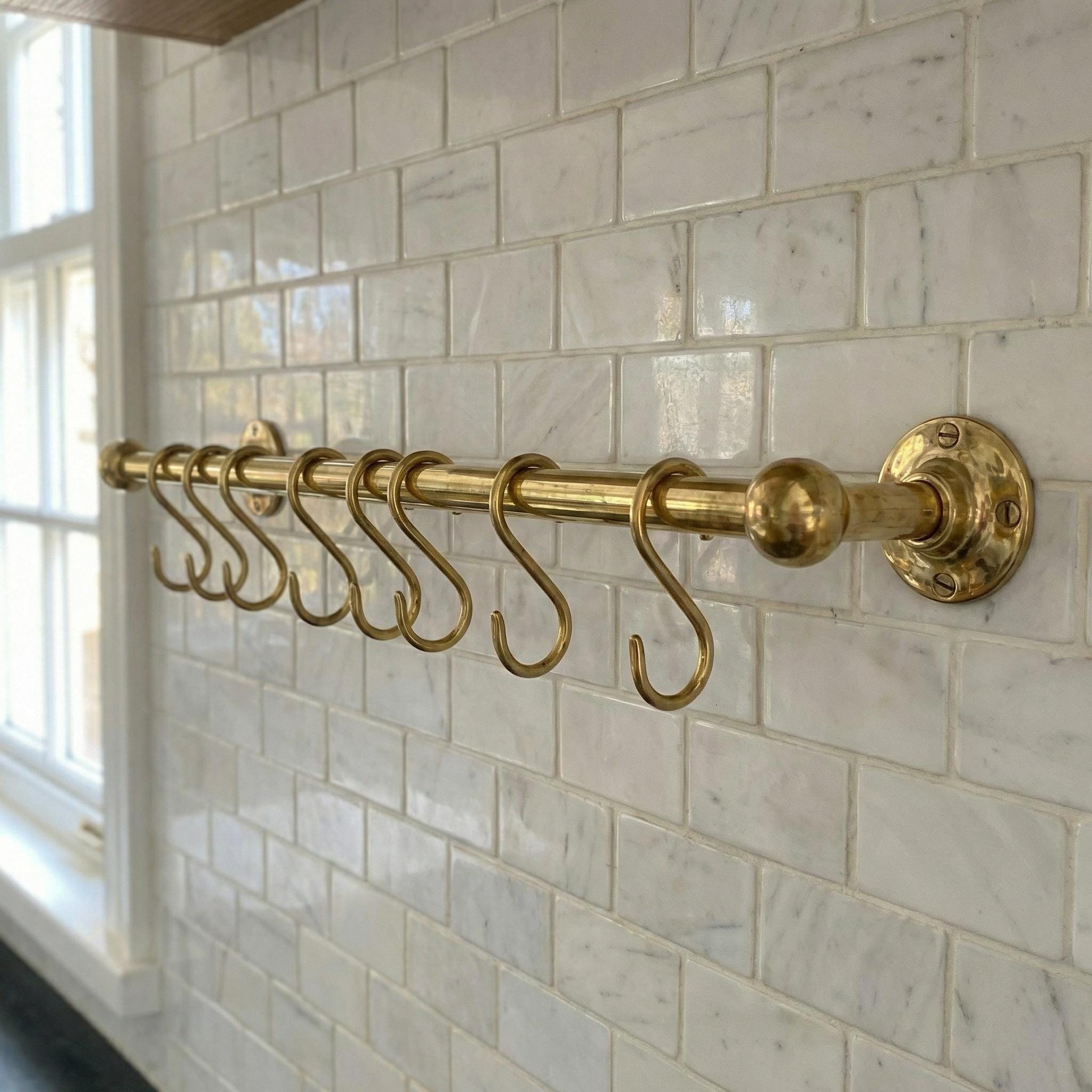 Unlacquered Brass Kitchen Rail: Handmade Wall Mounted Pot Rack with Hooks