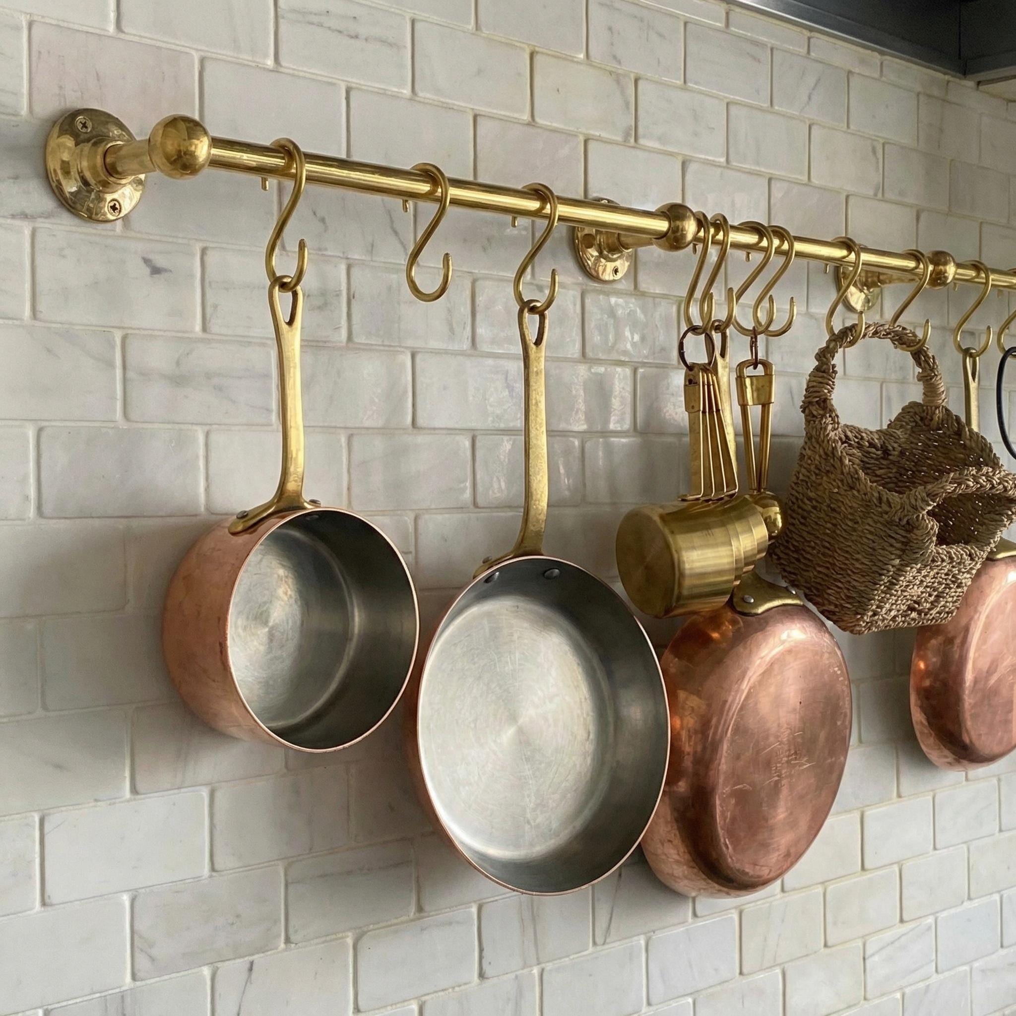 Unlacquered Brass Kitchen Rail: Handmade Wall Mounted Pot Rack with Hooks