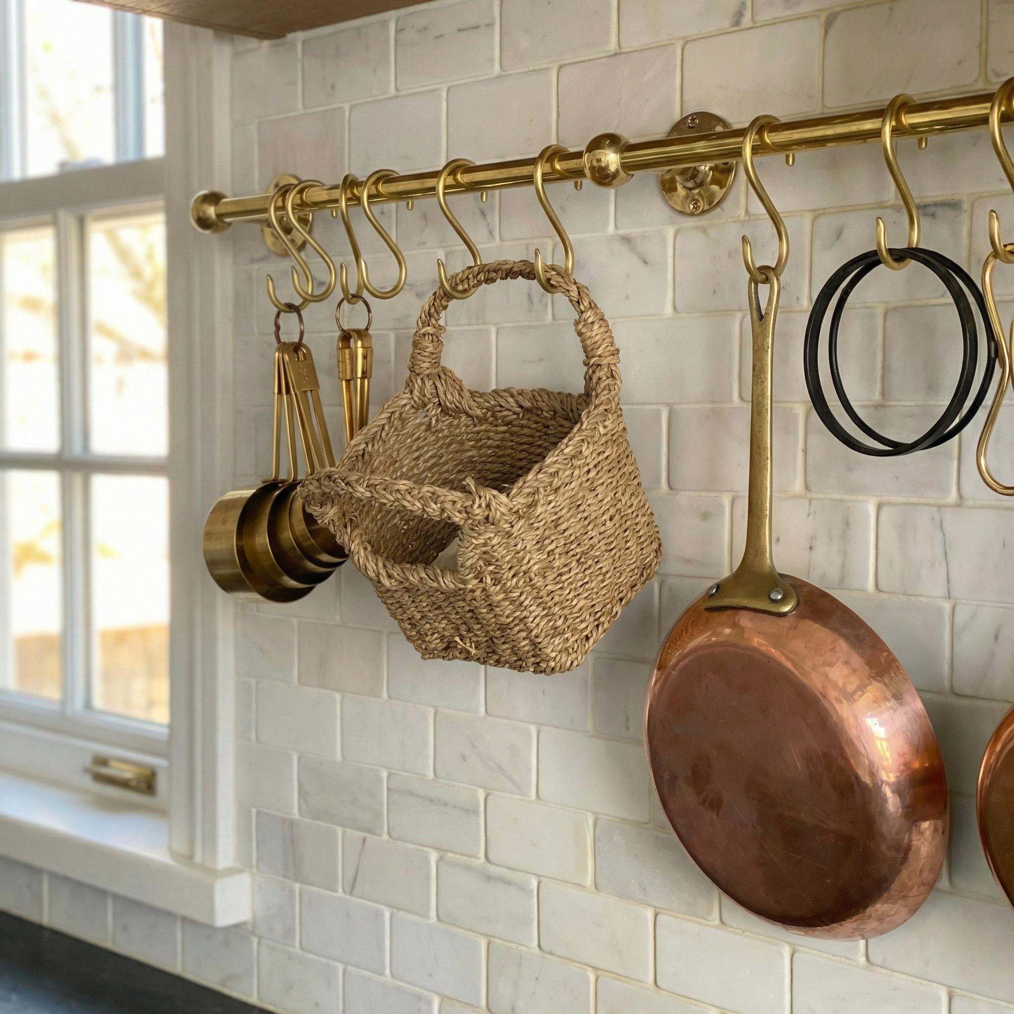 Unlacquered Brass Kitchen Rail: Handmade Wall Mounted Pot Rack with Hooks
