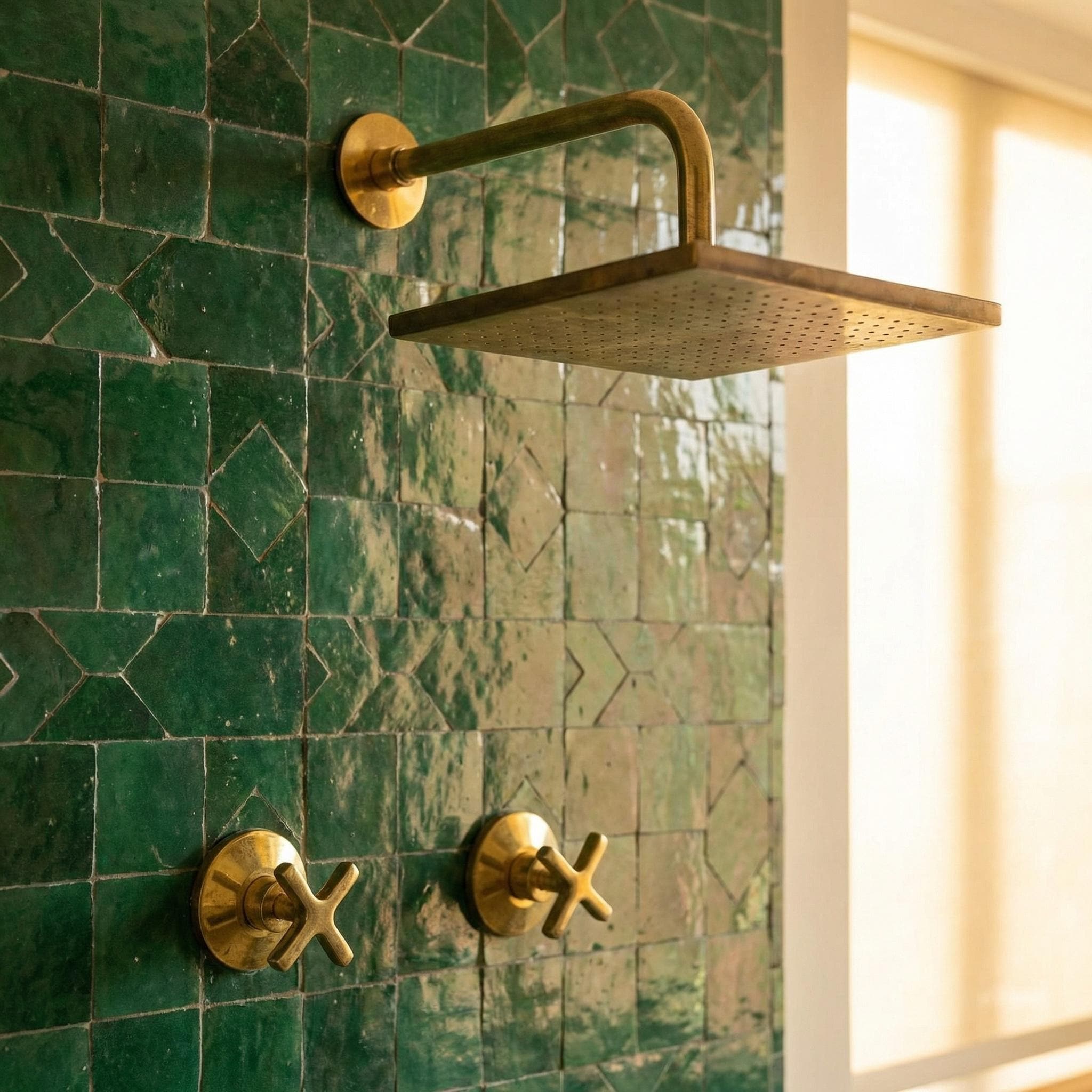 Unlacquered Brass Shower System: Wall Mounted Square Rainfall Head