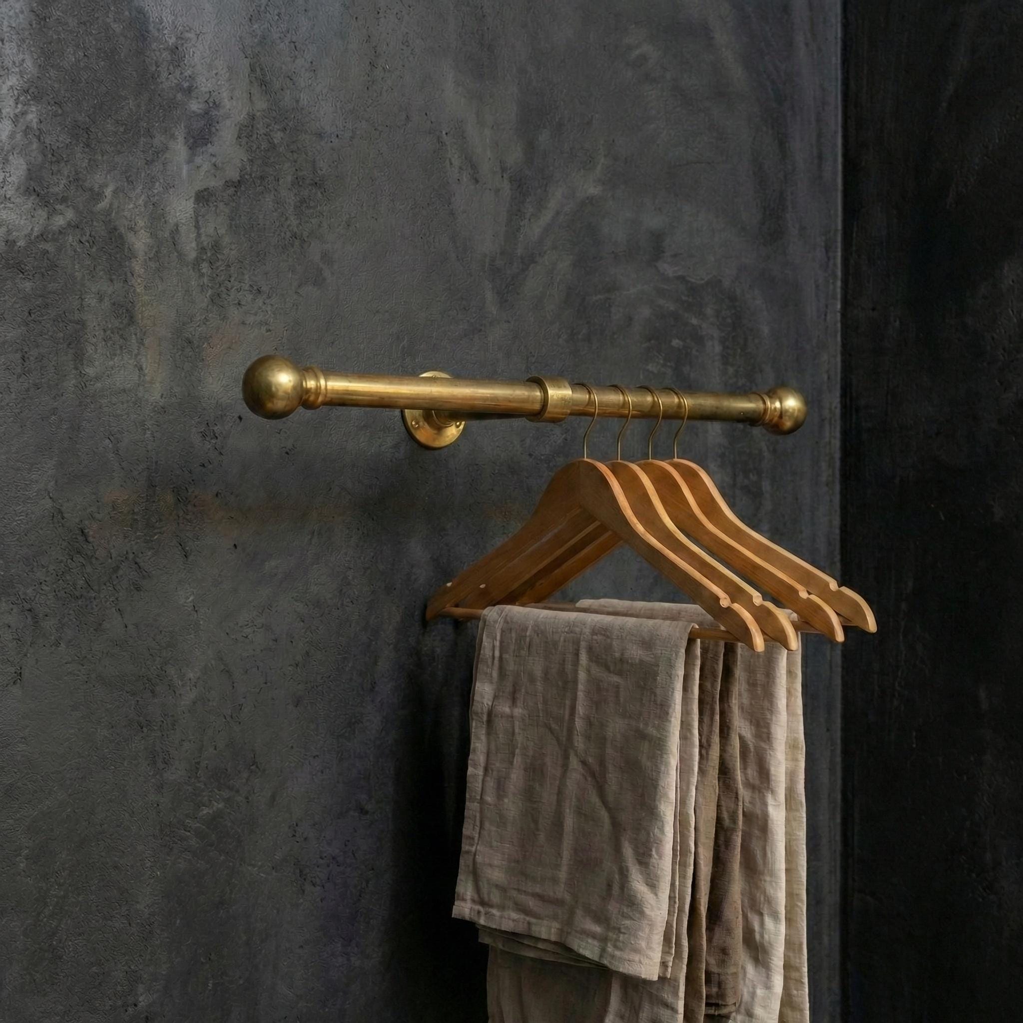 Unlacquered Wall Mount Brass Clothes Rail: Vintage Industrial Closet Hanging Bar