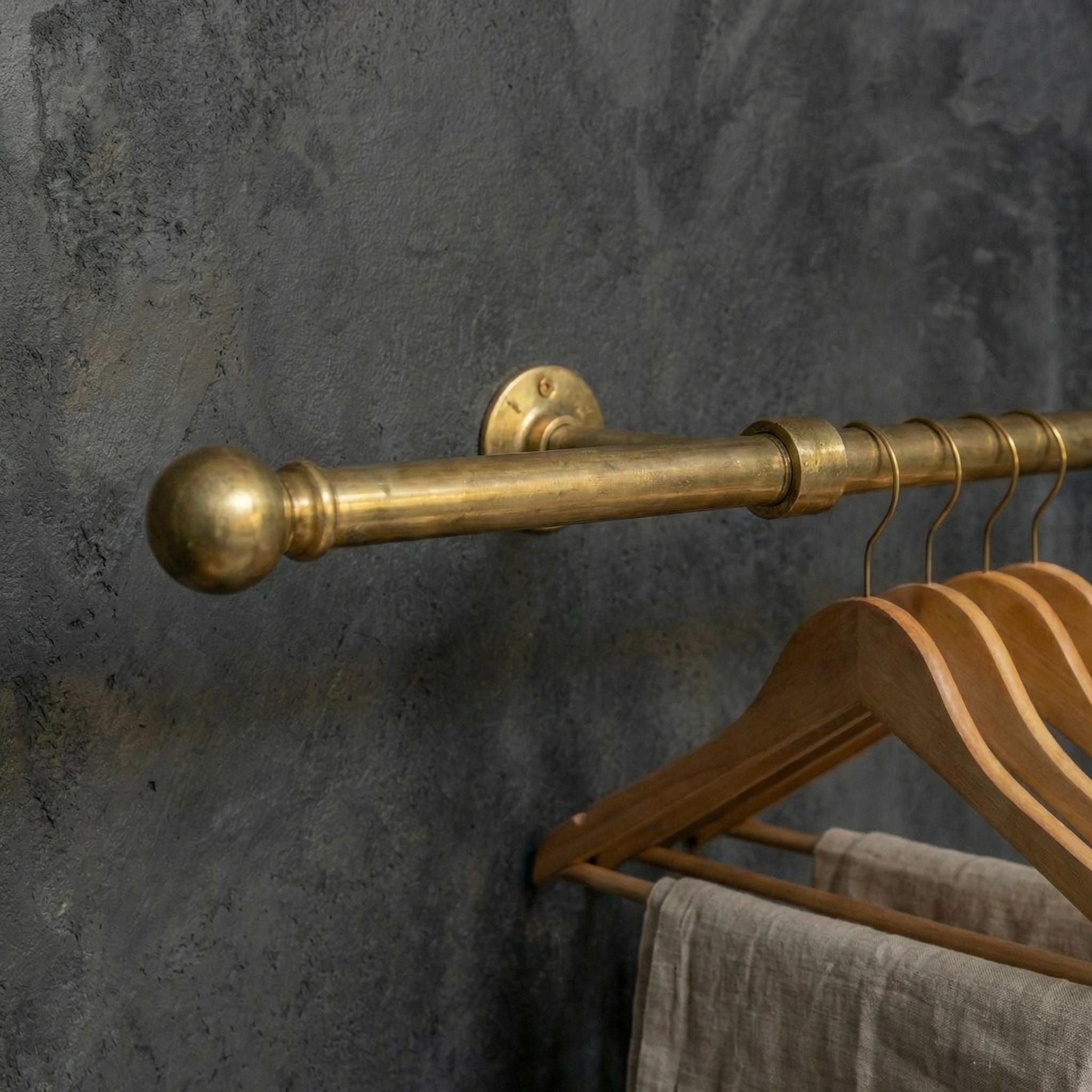 Unlacquered Wall Mount Brass Clothes Rail: Vintage Industrial Closet Hanging Bar