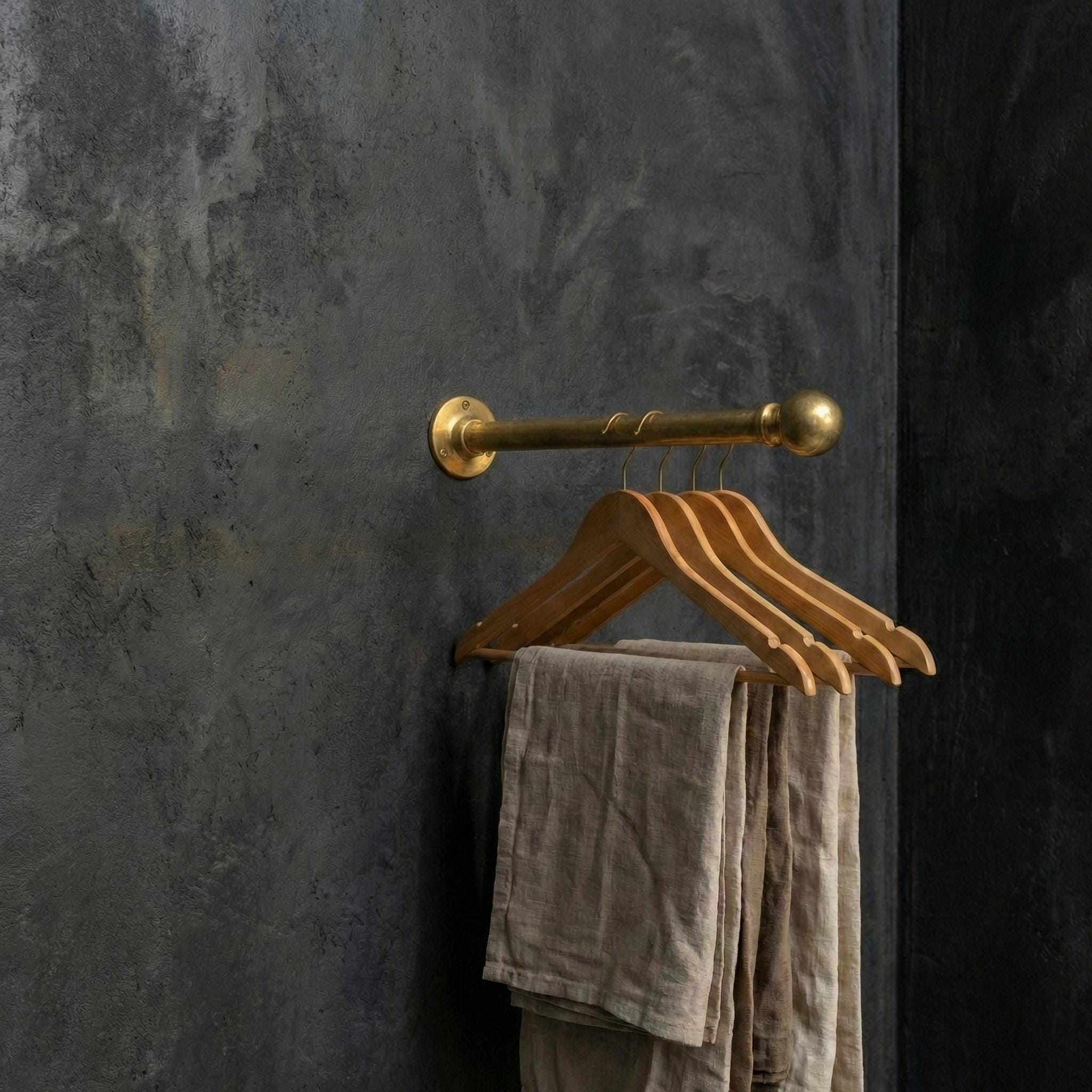 Unlacquered Wall Mount Brass Clothes Rack: Vintage Industrial Closet Hanging Bar
