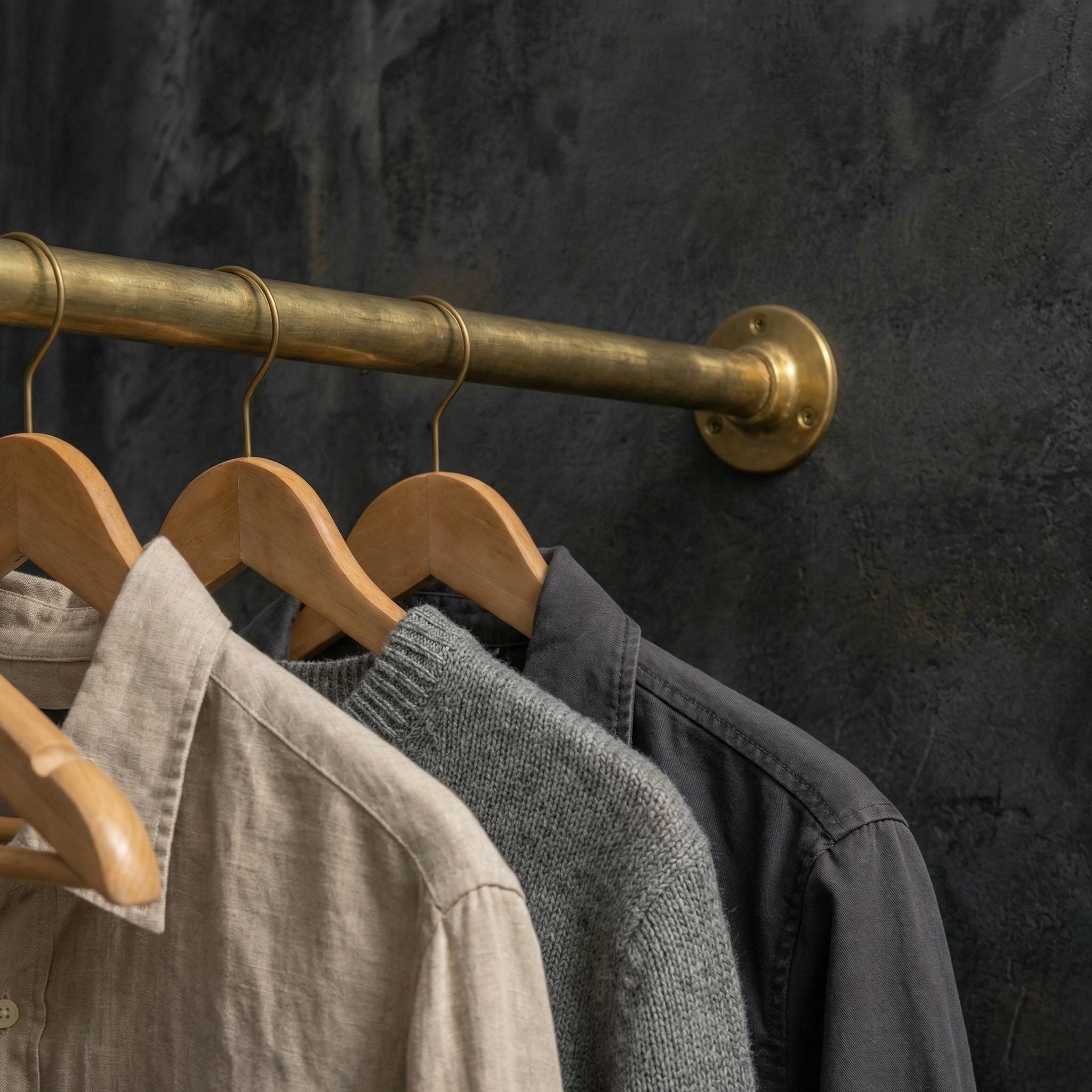 Unlacquered Wall Mount Brass Clothes Rack: Vintage Industrial Closet Hanging Bar