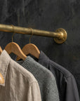 Unlacquered Wall Mount Brass Clothes Rack: Vintage Industrial Closet Hanging Bar