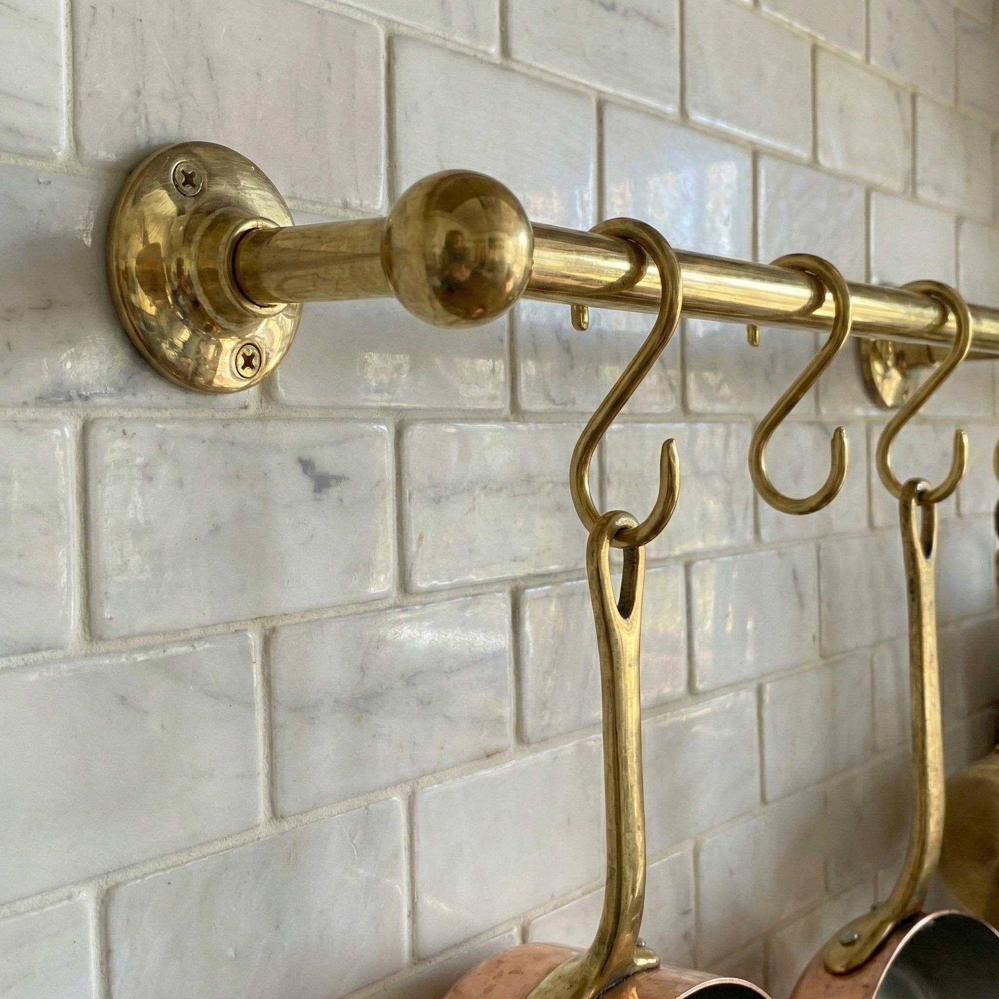 Unlacquered Brass Kitchen Rail: Handmade Wall Mounted Pot Rack with Hooks