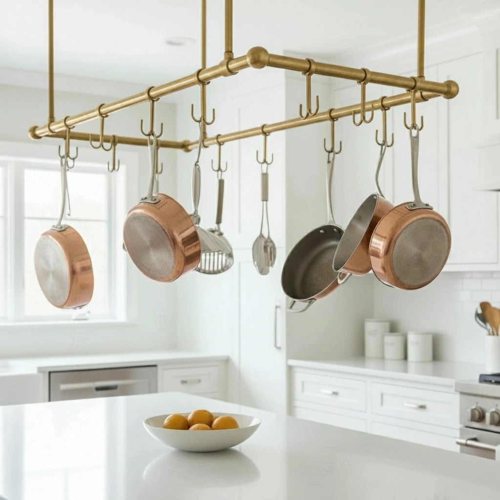 Artisan Solid Brass Ceiling Mount Pot Rail for Kitchen Island Storage