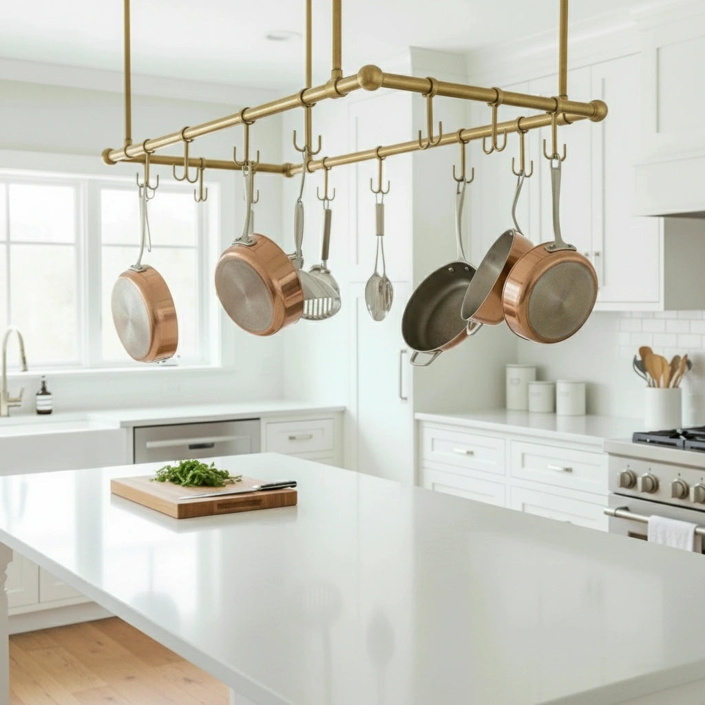 Artisan Solid Brass Ceiling Mount Pot Rail for Kitchen Island Storage