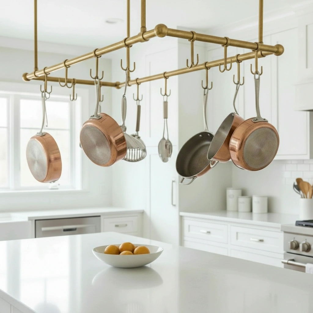 Artisan Solid Brass Ceiling Mount Pot Rail for Kitchen Island Storage